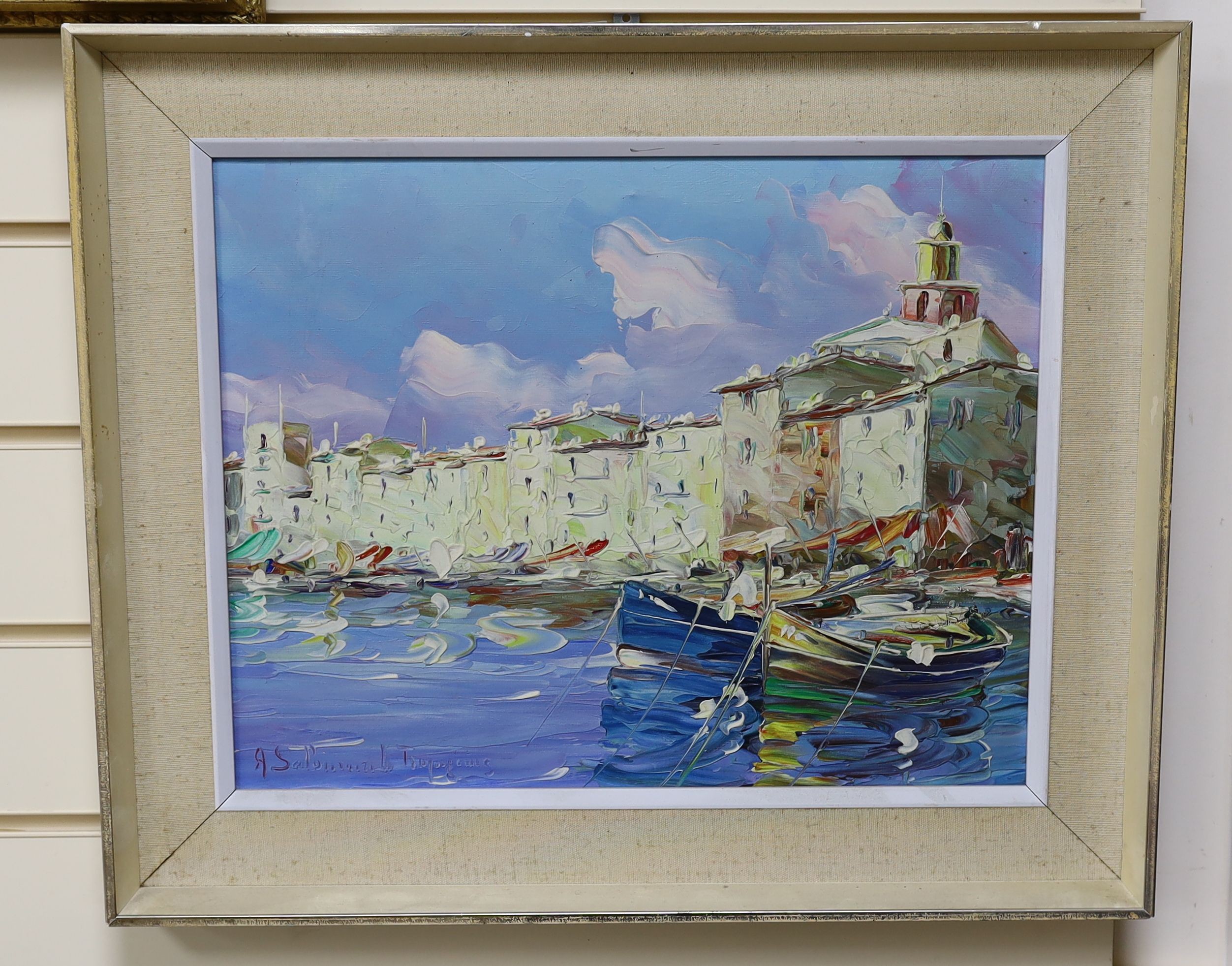 Salomon Le Tropezien, oil on canvas, Mediterranean harbour scene, signed, 31 x 40cm